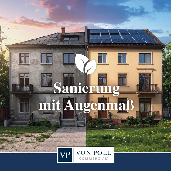 Sanierte und nicht sanierte Fassade eines Mehrfamilienhauses in Bremen, in der Mitte geteilt