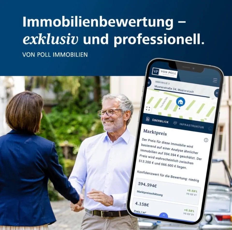 VON POLL IMMOBILIEN Flyer zur Immobilienbewertung: Maklerin empfängt betagten Herren