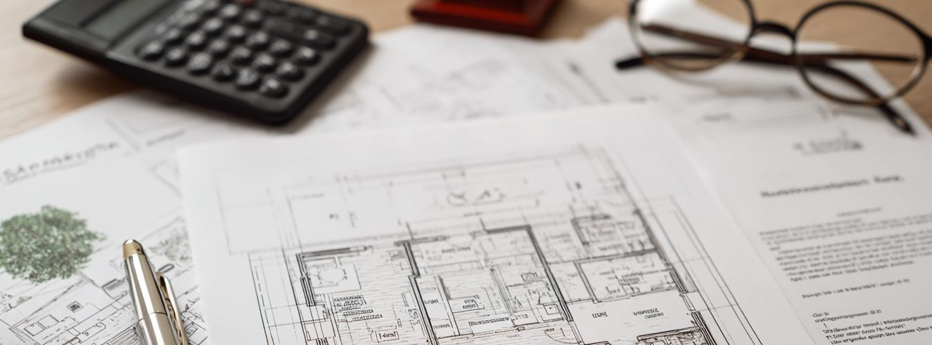 Schreibtisch mit Grundriss, Kugelschreiber, Lesebrille und Taschenrechner