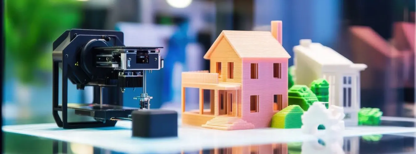 La stampante 3D dimostra le sue capacità con case e alberi in miniatura colorati. I vivaci modelli sottolineano la precisione tecnologica e la creatività del design