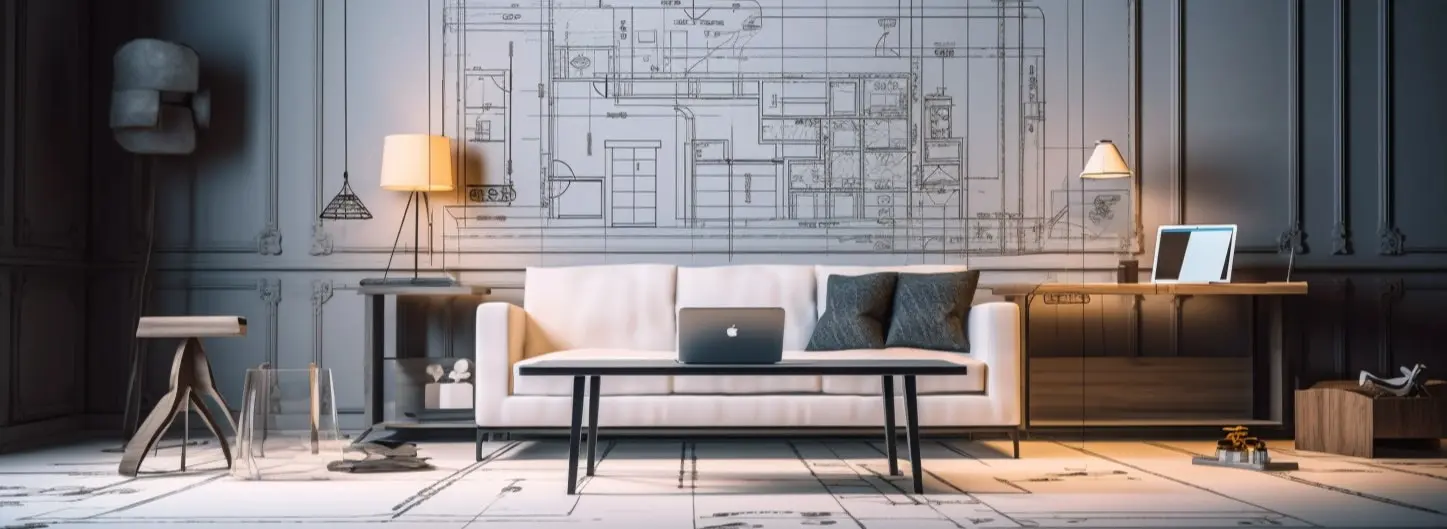 Soggiorno con mobili e planimetria a parete