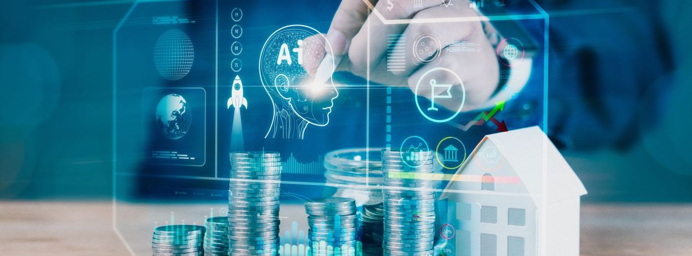 La persona interactúa con una pantalla que muestra una cabeza de inteligencia artificial y opciones de inversión inteligentes