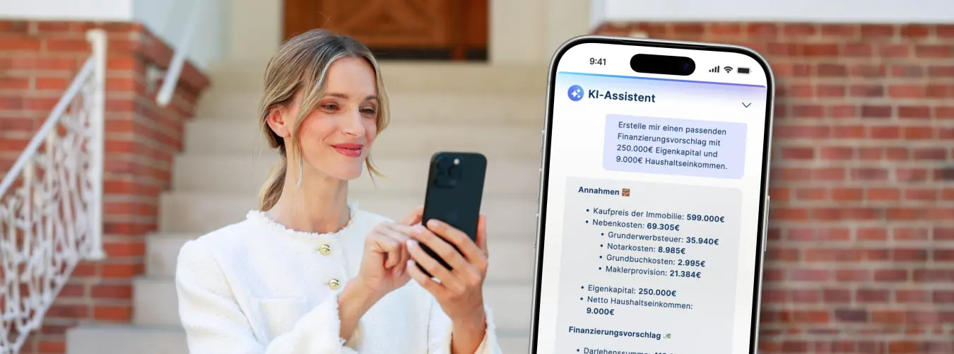 Frau am Smartphone mit KI Assistent von VON POLL IMMOBILIEN